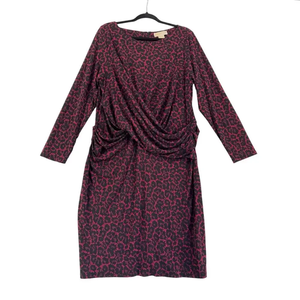 Michael Kors Plus Size 2X Red Black Animal Print Ruched Long Sleeve Dress